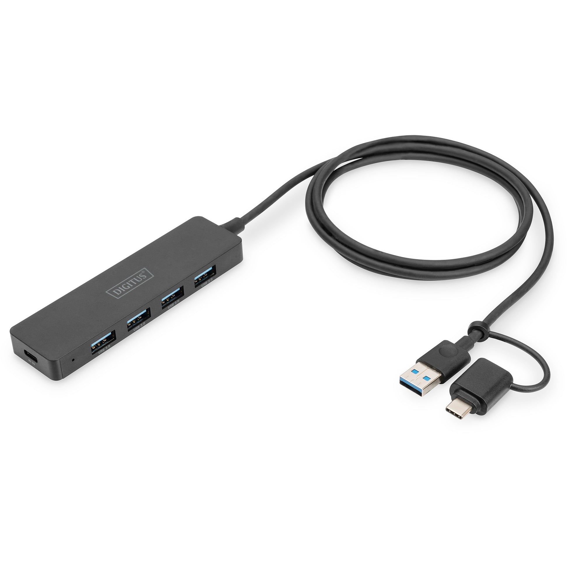 Digitus USB 3.0 Hub sa 4 porta. Tanka linija. USB 3.2 Gen 1 (3.1 Gen 1) Tip-A + Tip-C. USB 3.2 Gen 1 (3.1 Gen 1) Tip-A. 12000 Mbps. Crni. 1.2 m. Kina