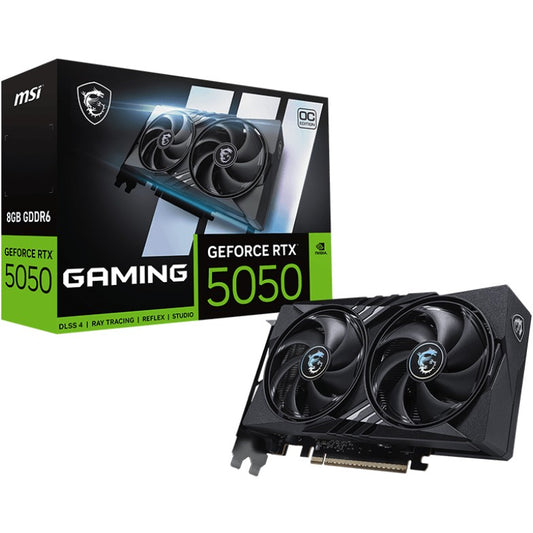 MSI GeForce RTX 5050 8G GAMING OC. GeForce RTX 5050. 8GB. GDDR6. 128 bita. 7680 x 4320 piksela. PCI Express x16 5.0
