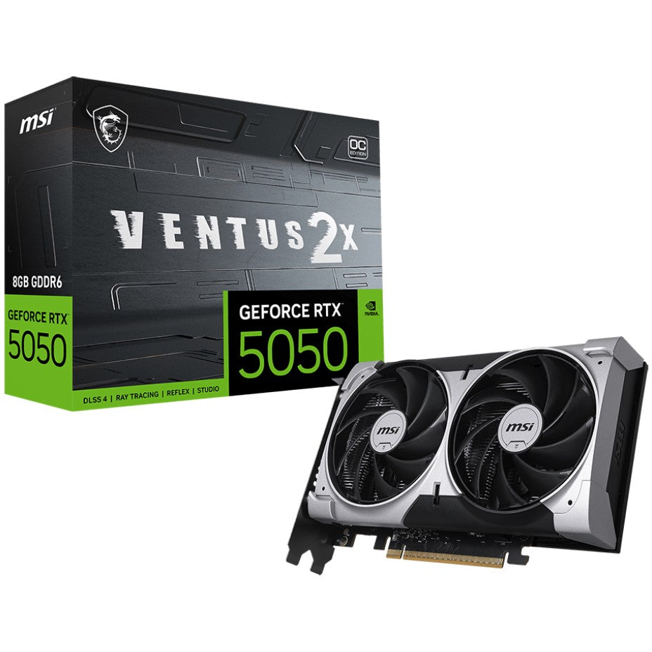MSI GEFORCE RTX 5050 8G VENTUS 2X OC. GeForce RTX 5050. 8GB. GDDR6. 128 bita. 7680 x 4320 piksela. PCI Express x16 5.0