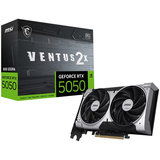 MSI GEFORCE RTX 5050 8G VENTUS 2X OC. GeForce RTX 5050. 8GB. GDDR6. 128 bita. 7680 x 4320 piksela. PCI Express x16 5.0