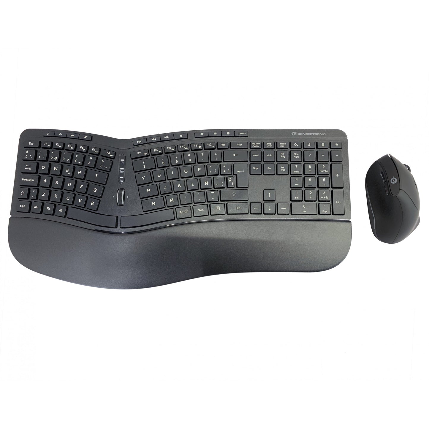 Conceptronic ORAZIO ERGO bežični ergonomski set tastature i vertikalnog miša. Španski. Puna veličina (100%). Bežični. RF bežični. QWERTY. Crni. Miš uključen.