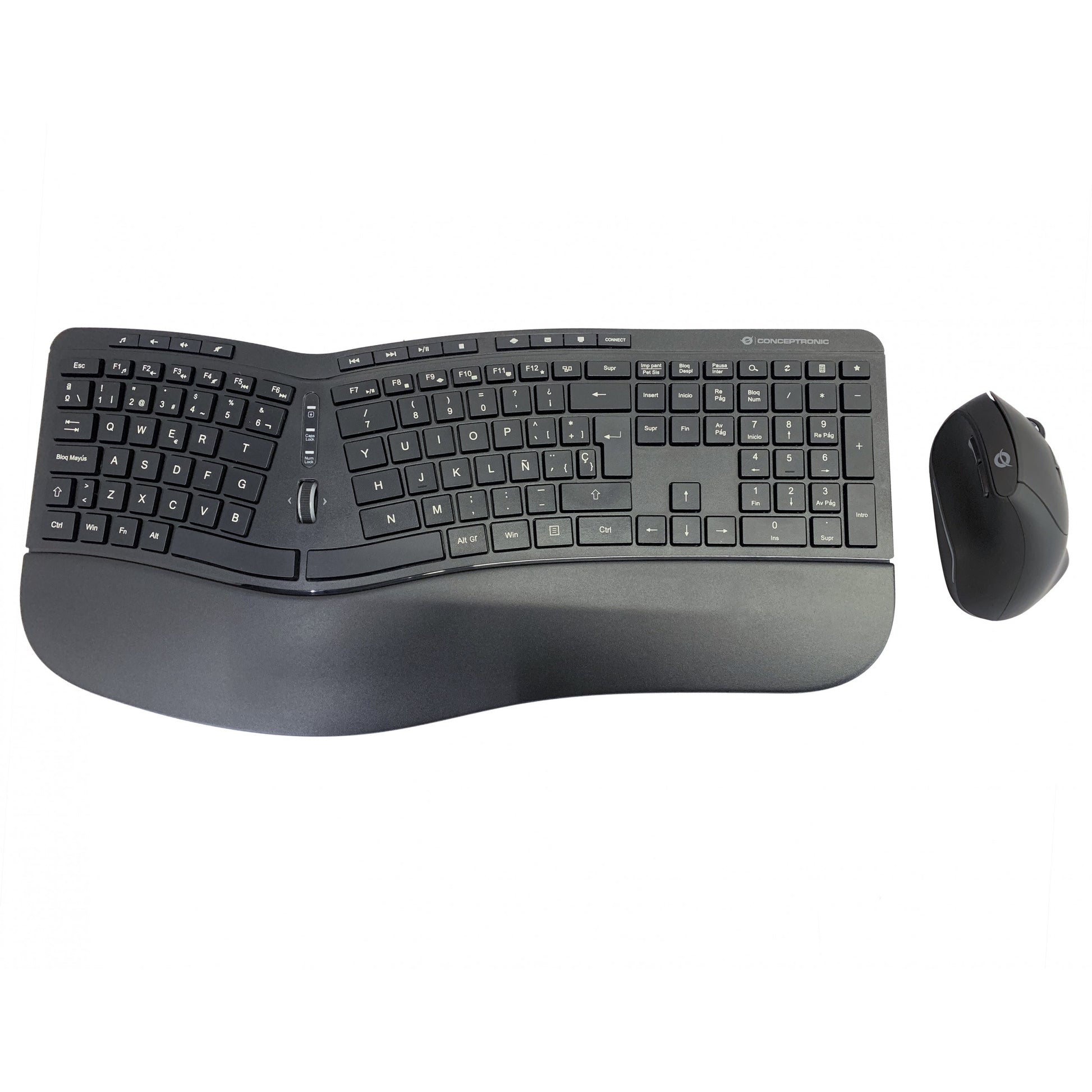 Conceptronic ORAZIO ERGO bežični ergonomski set tastature i vertikalnog miša. Španski. Puna veličina (100%). Bežični. RF bežični. QWERTY. Crni. Miš uključen.