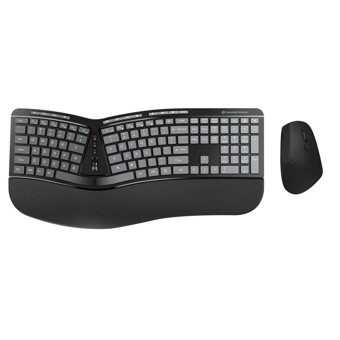 Conceptronic ERGO bežični ergonomski set tastature i vertikalnog miša. Engleski. Puna veličina (100%). Bežični. RF bežični. QWERTY. Crni. Miš uključen.
