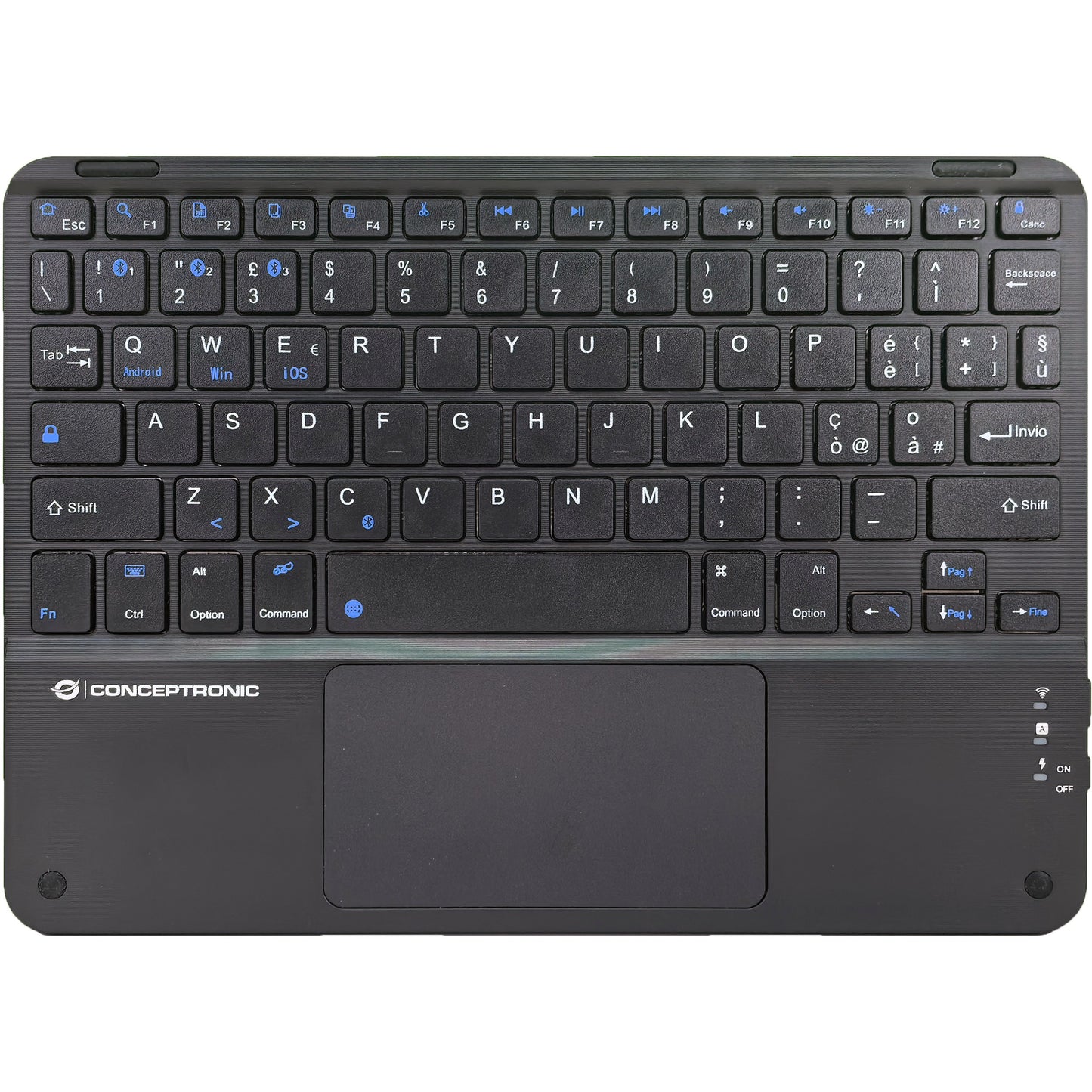 Conceptronic TOBIN01BIT 10-inčna Bluetooth tastatura sa touchpadom. Italijanski QWERTY raspored. Bez deset tastera (80-87%). Bežična. Bluetooth. QWERTY. Crna.