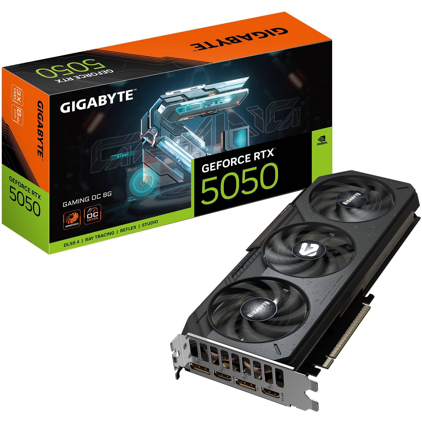 GIGABYTE GeForce RTX 5050 GAMING OC 8G grafička kartica - 8GB GDDR6. 128bit. PCI-E 5.0. Takt jezgra 2632MHz. 2 x DP. 2xHDMI NVIDIA DLSS 4. GV-N5050GAMING OC-8GD. GeForce RTX 5050. 8GB. GDDR6. 128 bita. 7680 x 4320 piksela. PCI Express 5.0