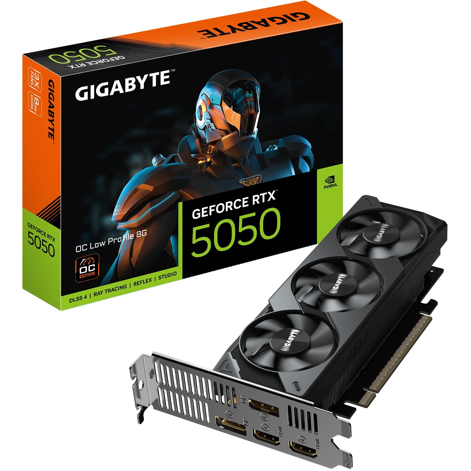 GIGABYTE GeForce RTX 5050 OC niskoprofilna 8G grafička kartica - 8GB GDDR6. 128bit. PCI-E 5.0. 2587MHz takt jezgra. 2 x DP. 2xHDMI NVIDIA DLSS 4. GV-N5050OC-8GL. GeForce RTX 5050. 8GB. GDDR6. 128 bita. 7680 x 4320 piksela. PCI Express 5.0
