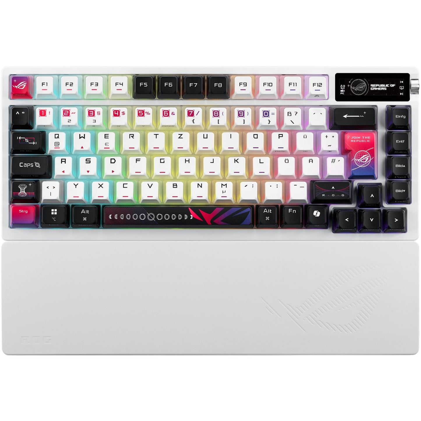 ASUS ROG Azoth X. Žični i bežični. USB + RF bežični + Bluetooth. Mehanička tastatura. QWERTZ tipka. RGB LED. Bijela.