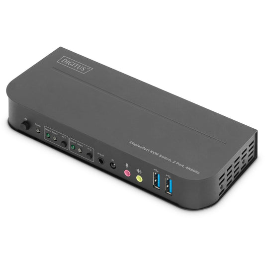 Digitus KVM prekidač. 2 porta. 4K60Hz. 2 x DP ulaz. 1 x DP/HDMI izlaz. 4096x2160 piksela. 4K Ultra HD