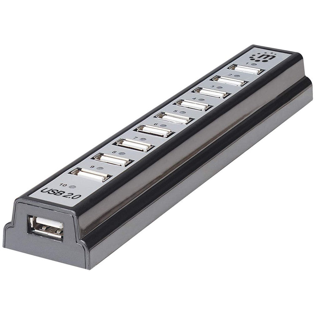 Manhattan Hi-Speed USB 2.0 Desktop Hub. 10 portova. Napajanje putem USB-a ili AC adaptera. USB 2.0. 480 Mbps. Crna. Srebrna. Plastična. Performanse.