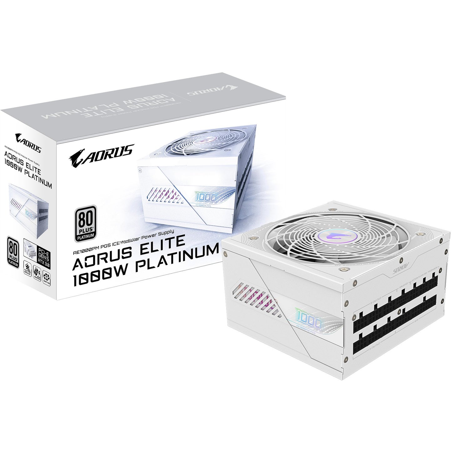 GIGABYTE AORUS ELITE P1000W ICE napajanje - PCIe 5.0. 80 PLUS Platinum. Potpuno modularni dizajn. 120 mm ventilator. ATX 3.0 kompatibilno. EU utikač. 1000W. 100-240V. 50/60Hz. 15-6.5A. Aktivno. 125W