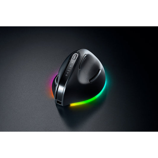 Razer Pro Click V2 vertikalna. Desna. Vertikalni dizajn. Optička. RF bežična + Bluetooth + USB Type-C. 30000 DPI. Crna.