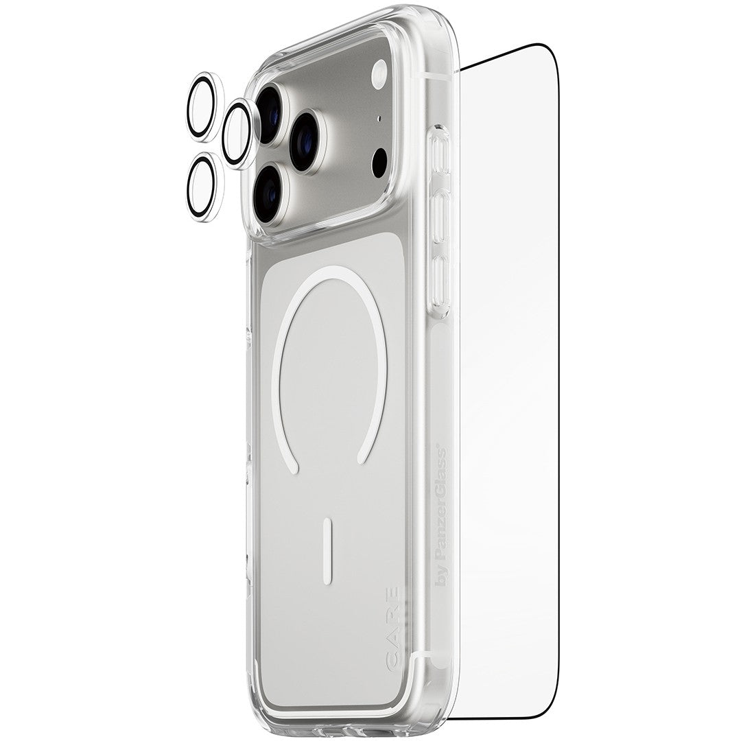 PanzerGlass® | CARE by® Flagship 3-u-1 Urban Explorer set za iPhone 17 Pro Max. Apple. Apple - iPhone 17 Pro Max. Suha primjena. Otporno na ogrebotine. Otporno na udarce. Prozirno. 1 komad.