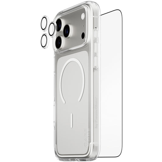 PanzerGlass® | CARE by® Flagship 3-u-1 Urban Explorer set za iPhone 17 Pro Max. Apple. Apple - iPhone 17 Pro Max. Suha primjena. Otporno na ogrebotine. Otporno na udarce. Prozirno. 1 komad.