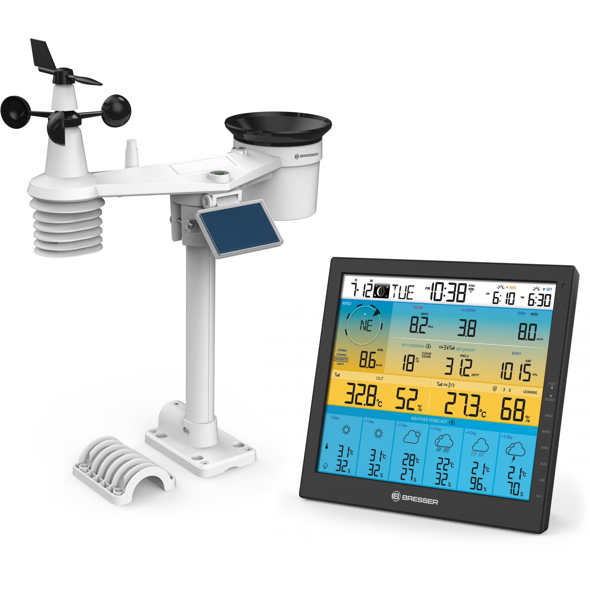 Bresser Optics 7003220. Crna. Visinomjer. Anemometar (brzina vjetra). Pritisak zraka u zatvorenom prostoru. Higrometar u zatvorenom prostoru. Termometar u zatvorenom prostoru. Barometar. Higrometar. Termometar. UV. Barometar. Higrometar. Termometar. Plastika. F. °C