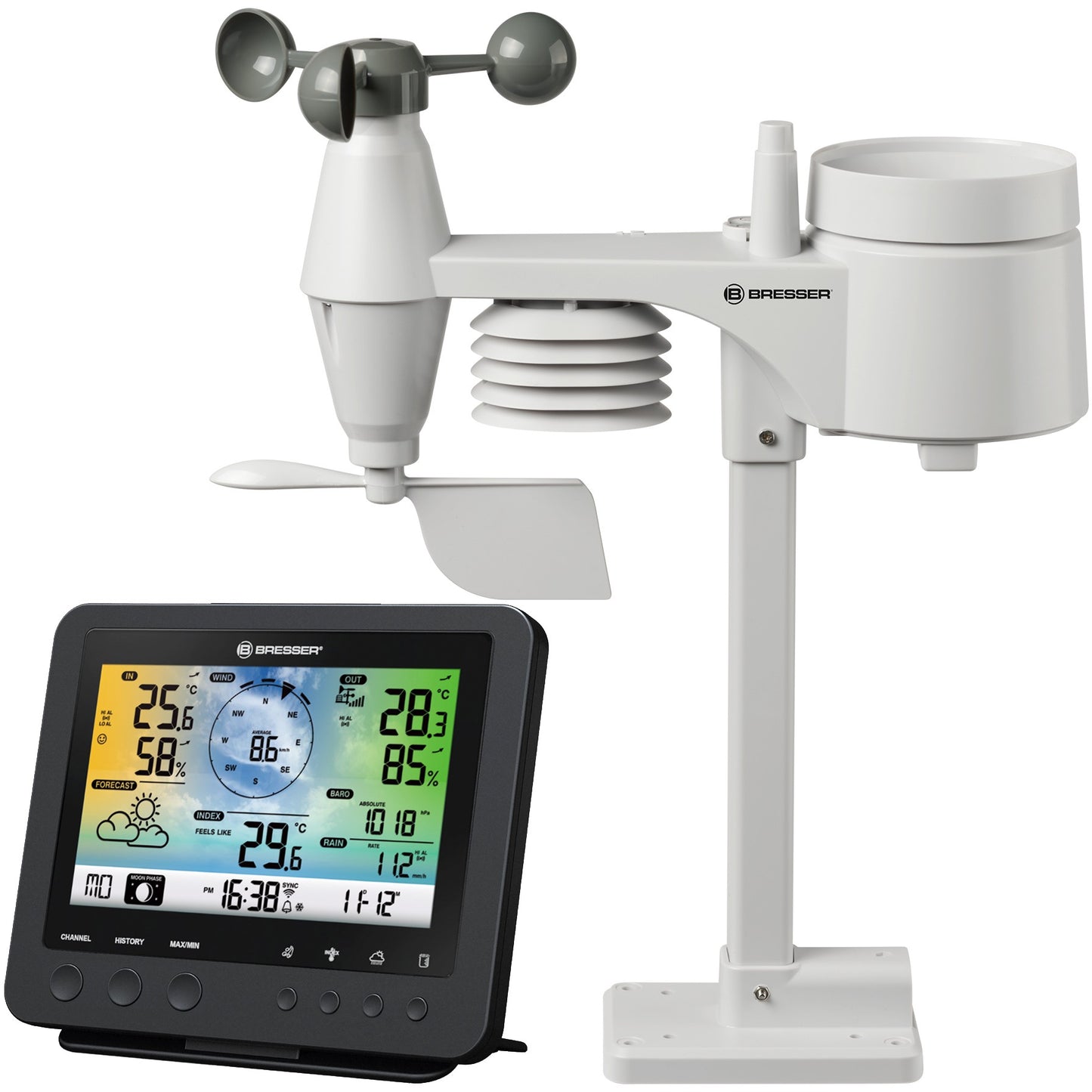 Bresser Optics 7002580. Crna. Anemometar (brzina vjetra). Unutrašnji higrometar. Unutrašnji termometar. Vanjski barometar. Barometar. Higrometar. Padavine. Termometar. Barometar. Higrometar. Termometar. Plastika. km/h