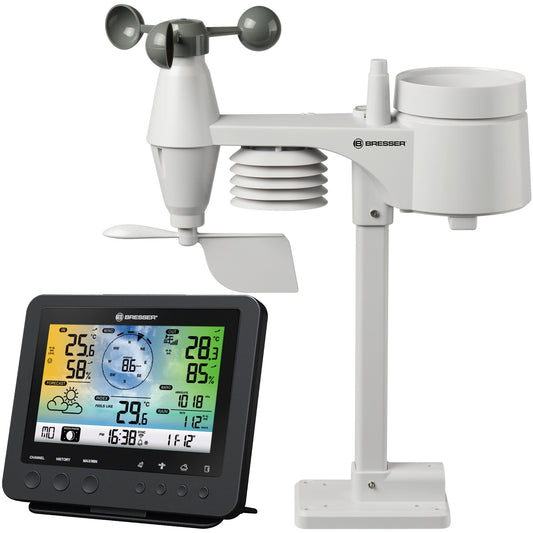 Bresser Optics 7002580. Crna. Anemometar (brzina vjetra). Unutrašnji higrometar. Unutrašnji termometar. Vanjski barometar. Barometar. Higrometar. Padavine. Termometar. Barometar. Higrometar. Termometar. Plastika. km/h