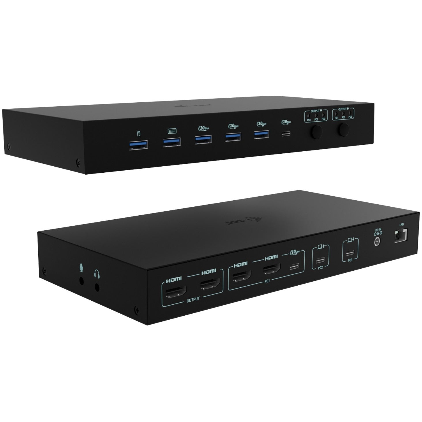 i-tec USB-C KVM Dock PRO za tri hosta. Dvostruki video. Sa 2x napajanjem. Maks. 92W. Žični. USB 3.2 Gen 1 (3.1 Gen 1) Type-C. 92W. 3.5mm. 10,100,1000 Mbps. Crna.