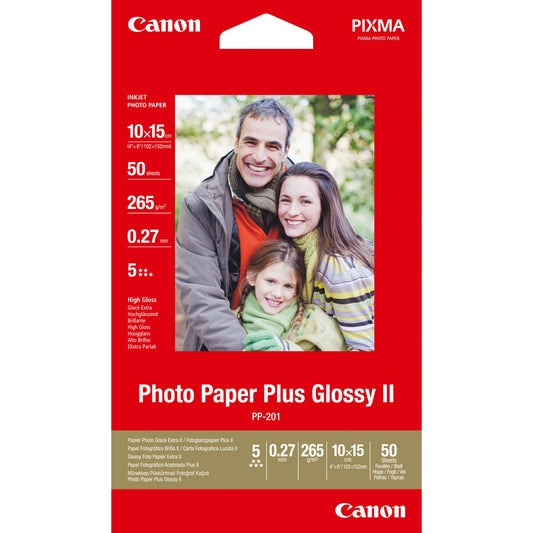 Canon PP-201 Glossy II foto papir Plus 10 x 15 cm – 50 listova. Visoki sjaj. 260 g/m². Crvena. 50 listova. 270 µm. Canon Lucia. ChromaLife100+