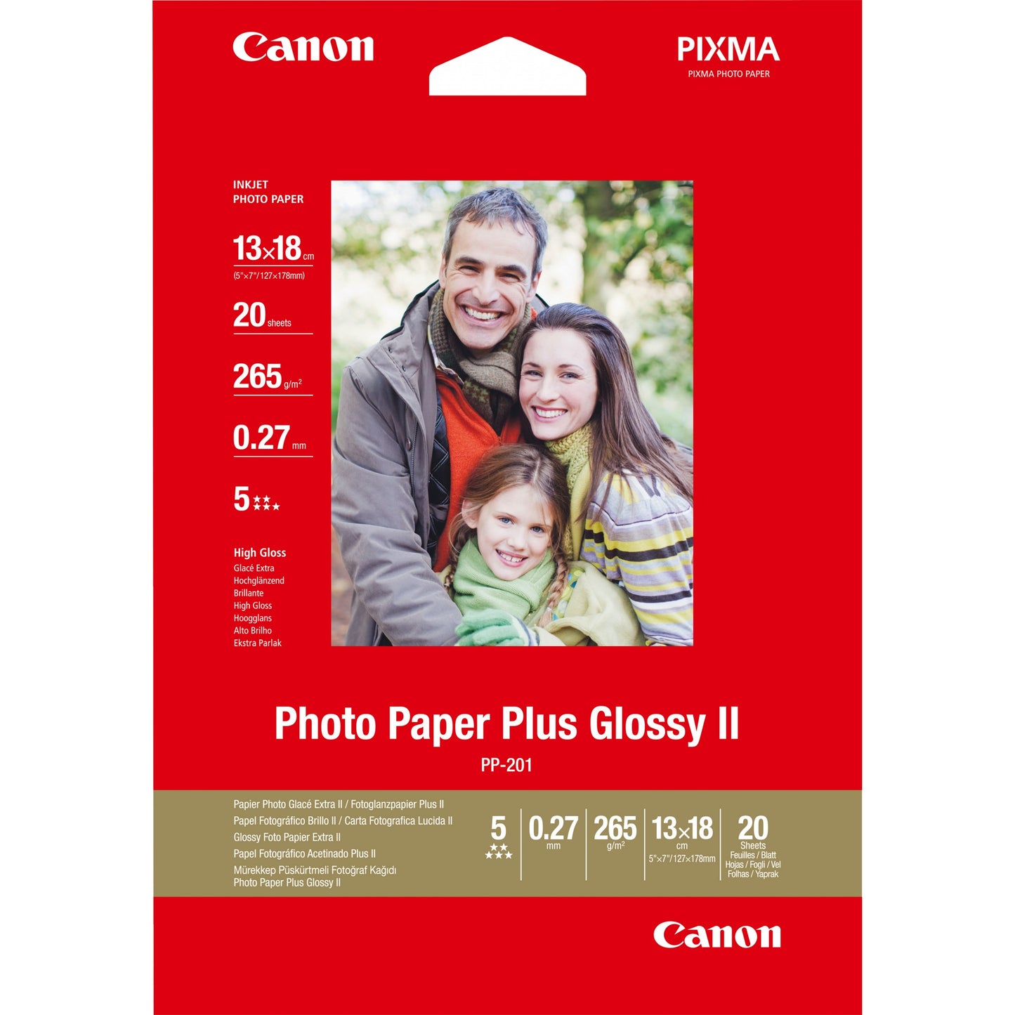 Canon PP-201 Glossy II foto papir Plus 13 x 18 cm – 20 listova. Visoki sjaj. 260 g/m². Bijeli. 20 listova. 5 x 7