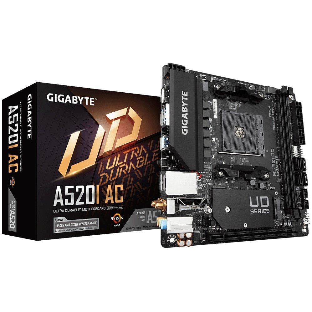 GIGABYTE A520I AC matična ploča - Podržava AMD Ryzen 5000 seriju AM4 procesora. 6-fazni digitalni VRM. Do 5300MHz DDR4 (OC). 1x PCIe 3.0 M.2. Wi-Fi. Gigabit Ethernet LAN. USB 3.2 Gen1. AMD. Socket AM4. AMD Ryzen 3000 serija. Socket AM4. 64GB DDR4 SDRAM.
