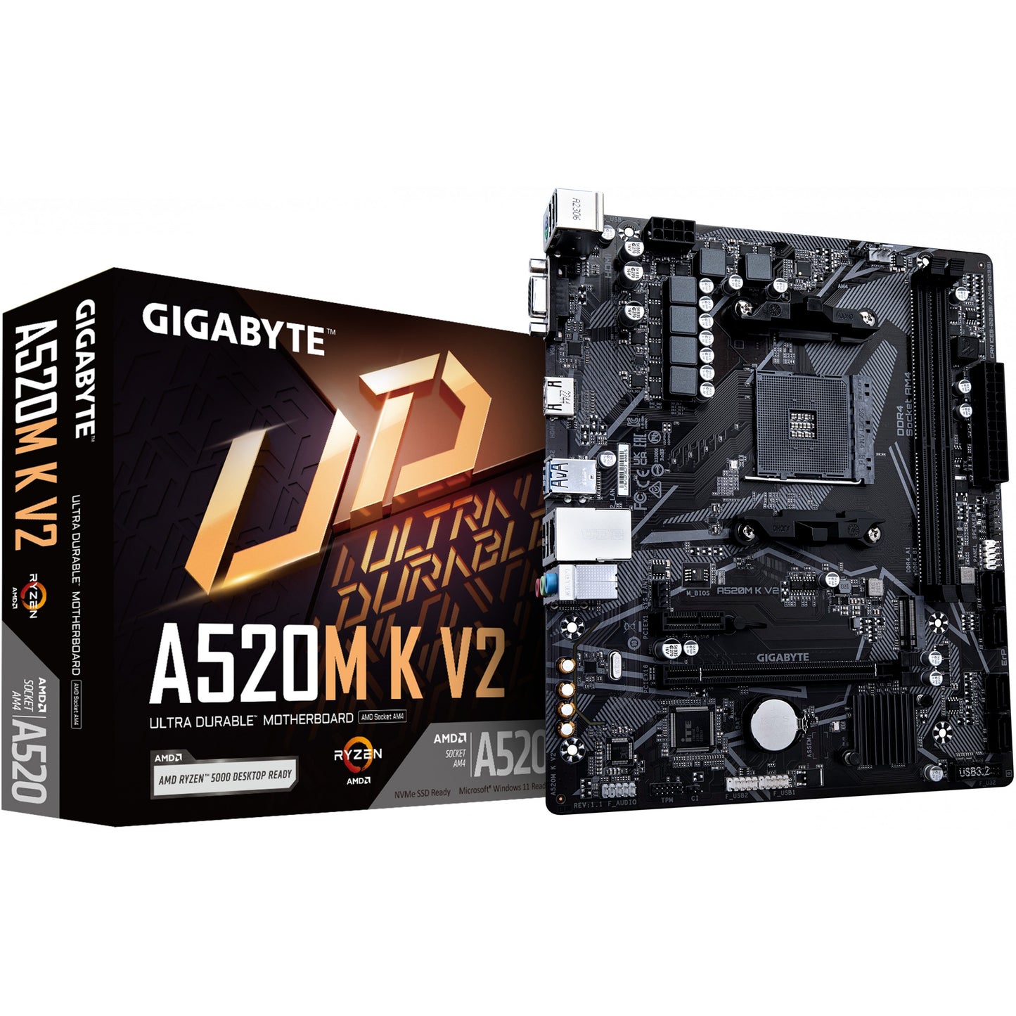 GIGABYTE A520M K V2 matična ploča - Podržava AMD Ryzen 5000 seriju AM4 procesora. Do 5100MHz DDR4 (OC). PCIe Gen3 x4 M.2. GbE LAN. USB 3.2 Gen 1. AMD. Podnožje AM4. AMD Ryzen 3000 serija. AMD Ryzen 5000 serija. Podnožje AM4. DDR4-SDRAM. 64 GB