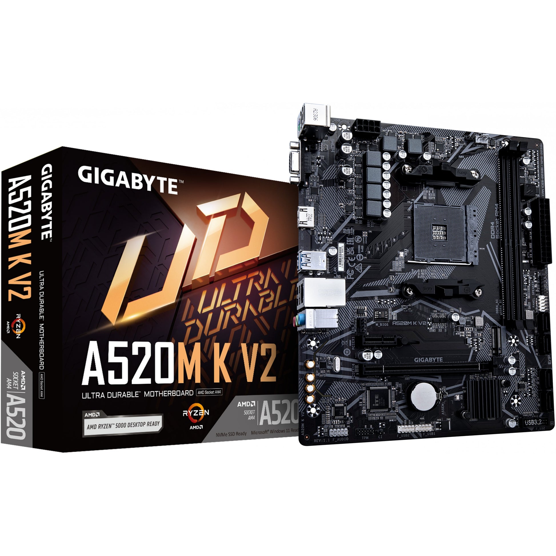 GIGABYTE A520M K V2 matična ploča - Podržava AMD Ryzen 5000 seriju AM4 procesora. Do 5100MHz DDR4 (OC). PCIe Gen3 x4 M.2. GbE LAN. USB 3.2 Gen 1. AMD. Podnožje AM4. AMD Ryzen 3000 serija. AMD Ryzen 5000 serija. Podnožje AM4. DDR4-SDRAM. 64 GB