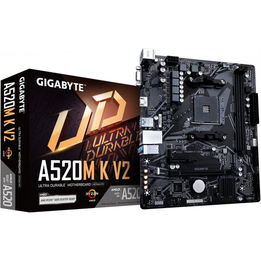 GIGABYTE A520M K V2 matična ploča - Podržava AMD Ryzen 5000 seriju AM4 procesora. Do 5100MHz DDR4 (OC). PCIe Gen3 x4 M.2. GbE LAN. USB 3.2 Gen 1. AMD. Podnožje AM4. AMD Ryzen 3000 serija. AMD Ryzen 5000 serija. Podnožje AM4. DDR4-SDRAM. 64 GB