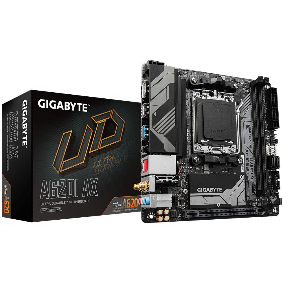 GIGABYTE A620I AX matična ploča - Podržava AMD Ryzen 8000 procesore. 5+2+1 fazni digitalni VRM. Do 6400MHz DDR5 (OC). 1x PCIe 4.0 M.2. Wi-Fi 6E. 2.5GbE LAN. USB 3.2 Gen 2. AMD. Socket AM5. AMD Ryzen 7000 serija. Socket AM5. 96 GB DDR5 SDRAM.