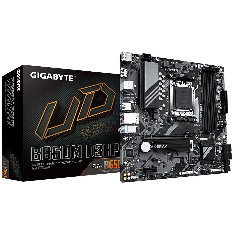 GIGABYTE B650M D3HP matična ploča - AMD Ryzen 9000 serija. 5+2+2 faze VRM. do 7600 MHz DDR5 (OC). 2xPCIe 4.0 M.2. 2.5GbE LAN. USB 3.2 Gen 1. AMD. Podnožje AM5. AMD Ryzen 7000 serija. AMD Ryzen 8000 serija. AMD Ryzen 9000 serija. Podnožje AM5. DDR5 SDRAM. 256GB