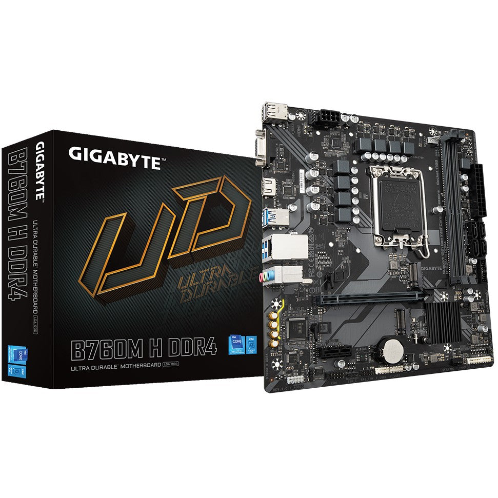 GIGABYTE B760M H DDR4 matična ploča - Podržava Intel Core procesore 14. generacije. 6+1+1 fazni digitalni VRM. Do 3200MHz DDR4 (OC). 2x PCIe 4.0 M.2. GbE LAN. USB 3.2 Gen1. Intel. LGA 1700. Intel® Celeron®. Intel® Pentium® Gold. LGA 1700. 64 GB DDR4-SDRAM