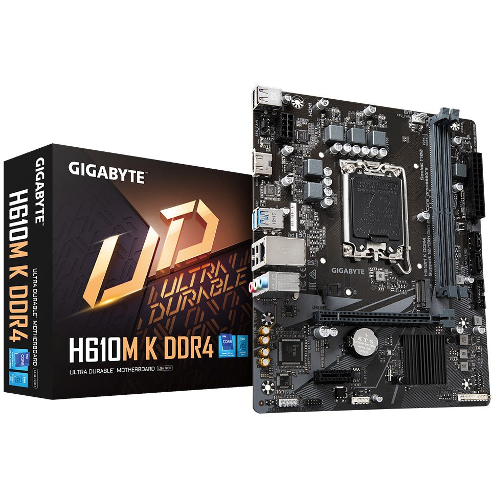 GIGABYTE H610M K DDR4 matična ploča - podržava Intel Core procesore 14. generacije. 3+1+1 fazni hibridni dizajn napajanja. do 3200MHz DDR4. 1xPCIe 3.0 M.2. GbE LAN. USB 3.2 Gen 1. Intel. LGA 1700. Intel® Celeron®. Intel® Core™ i3. Intel® Core™ i7. Intel® Core™ i9. Intel® Pentium® Gold. DDR4 SDRAM. 64 GB. DIMM