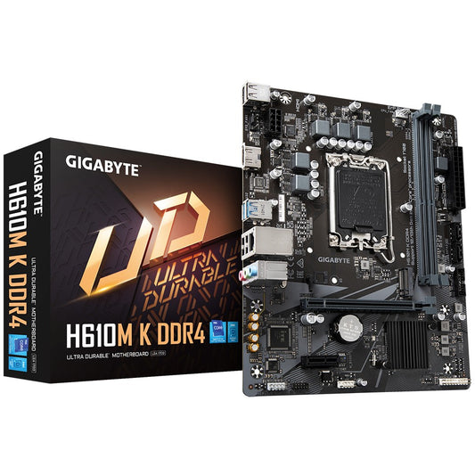 GIGABYTE H610M K DDR4 matična ploča - podržava Intel Core procesore 14. generacije. 3+1+1 fazni hibridni dizajn napajanja. do 3200MHz DDR4. 1xPCIe 3.0 M.2. GbE LAN. USB 3.2 Gen 1. Intel. LGA 1700. Intel® Celeron®. Intel® Core™ i3. Intel® Core™ i7. Intel® Core™ i9. Intel® Pentium® Gold. DDR4 SDRAM. 64 GB. DIMM