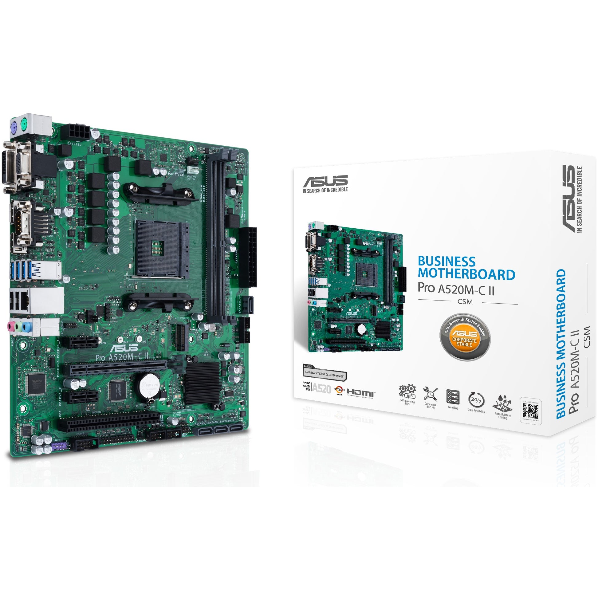 ASUS PRO A520M-C II/CSM. AMD. Podnožje AM4. AMD Ryzen™ 3. AMD Ryzen™ 5. AMD Ryzen™ 7. Podnožje AM4. DDR4-SDRAM. 64 GB