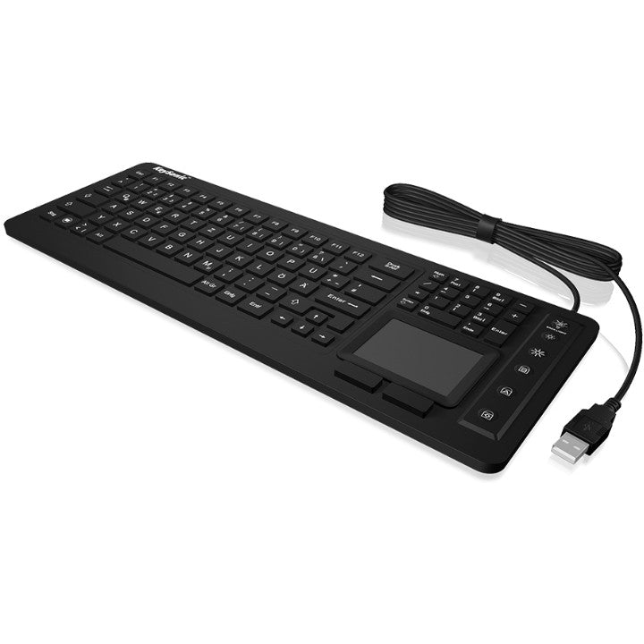 KeySonic KSK-6231 INEL (DE) Higijenska tastatura. Industrijska tastatura. Pozadinsko osvjetljenje. Touchpad. Crna. 2 dugmeta miša. USB. Vodootporna IP68. Puna veličina (100%). Žični priključak. USB. Membranski prekidač. QWERTZ. Crna.