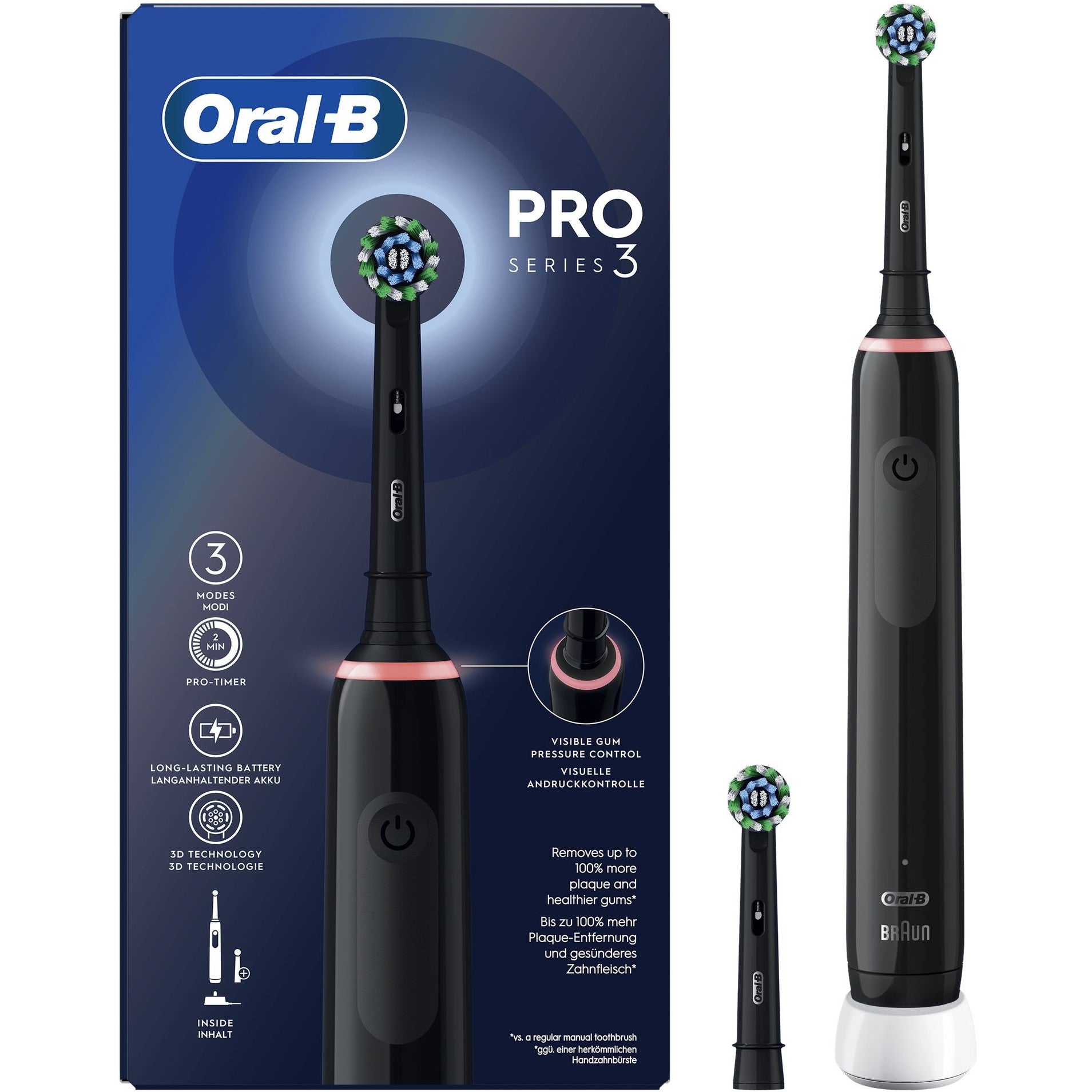 Oral-B Pro 3 Pro3 3000. Odrasli. Rotirajuće-vibrirajuća četkica za zube. Dnevna njega. Osjetljivi. Izbjeljivanje. Crna. 2 min. Crna