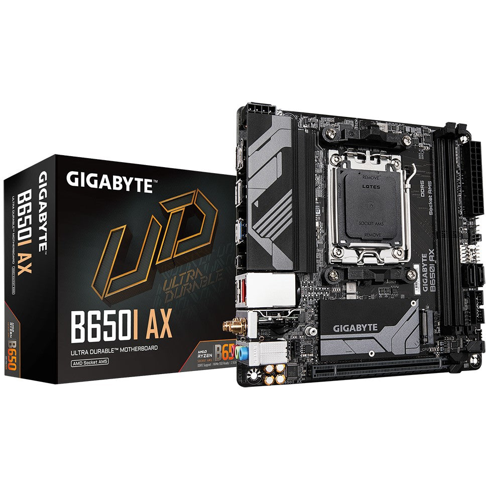 GIGABYTE B650I AX matična ploča - AMD Ryzen 9000 serija. 5+2+1 faze VRM. do 6400 MHz DDR5 (OC). 1xPCIe 4.0 M.2. 2.5GbE LAN. WIFI 6E. USB 3.2 Gen 2. AMD. Socket AM5. AMD Ryzen 7000 serija. AMD Ryzen 8000 serija. AMD Ryzen 9000 serija. Socket AM5. DDR5 SDRAM. 128GB