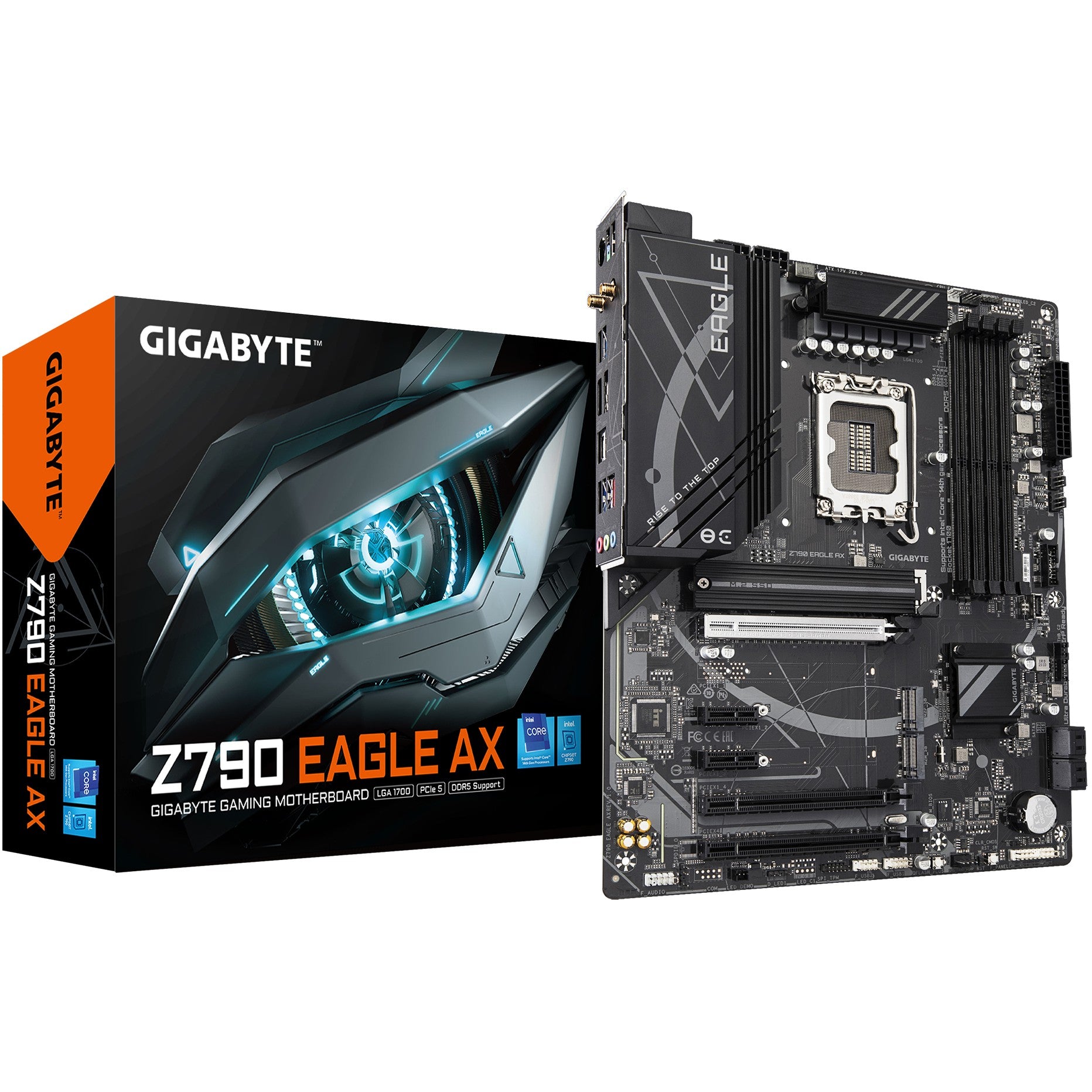 GIGABYTE Z790 EAGLE AX matična ploča - Podržava Intel Core procesore 14. generacije. 12+1+1 faze digitalnog VRM-a. do 7600MHz DDR5 (OC). 3xPCIe 4.0 M.2. Wi-Fi 6E. 2.5GbE LAN. USB 3.2 Gen 2. Intel. LGA 1700. Intel® Celeron®. Intel® Core™ i3. Intel® Core™ i5. Intel® Core™ i7. Intel® Core™ i9..... LGA 1700. 192 GB. DDR5 SDRAM