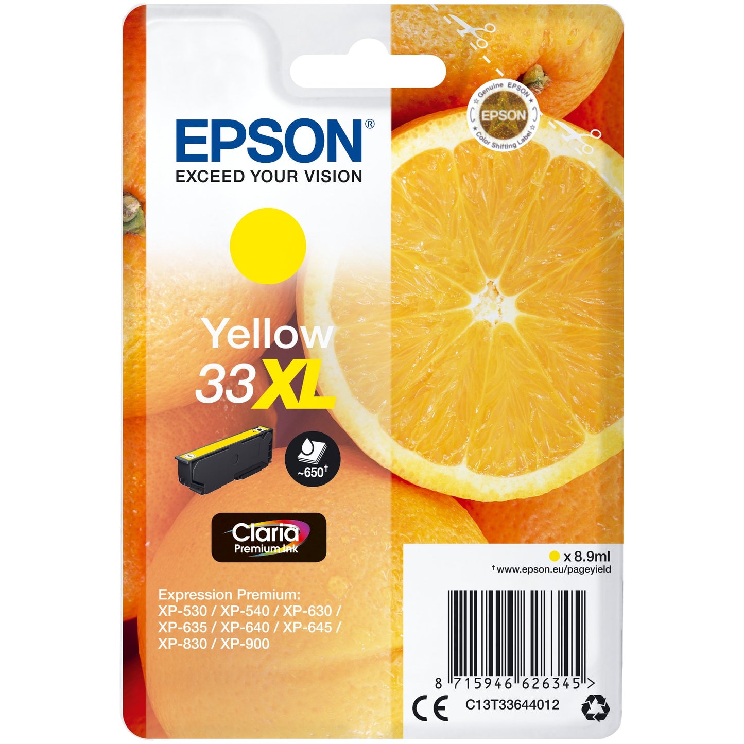 Epson Oranges Pojedinačno pakovanje žute 33XL Claria Premium tinte. Visok (XL) prinos. Žuta. Tinta na bazi pigmenta. 8,9 ml. 1 komad. 650 stranica.