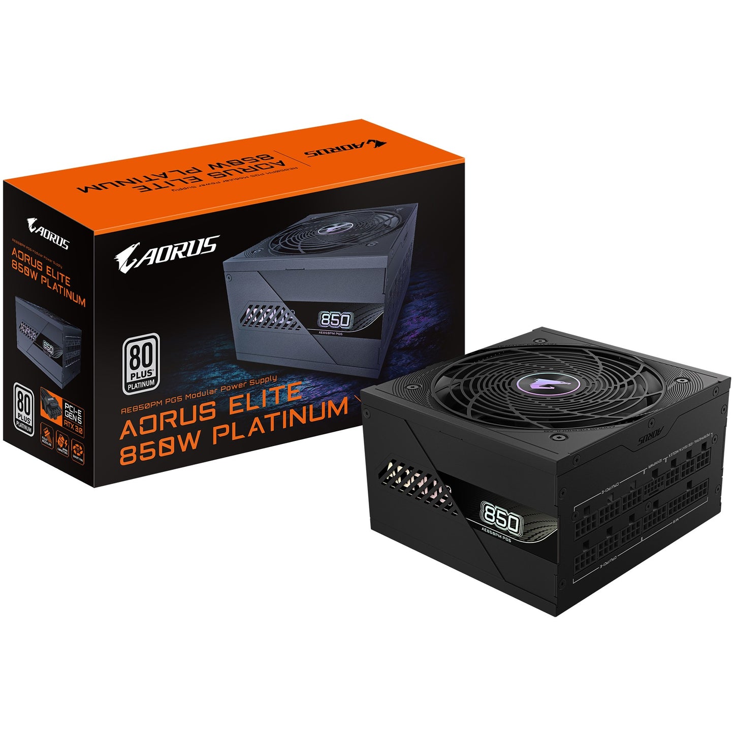 GIGABYTE AORUS ELITE P850W napajanje - PCIe 5.0. 80 PLUS Platinum. Potpuno modularni dizajn. 120 mm ventilator. ATX 3.0 kompatibilno. EU utikač. 850W. 100-240V. 50/60Hz. 12A. Aktivno. 125W
