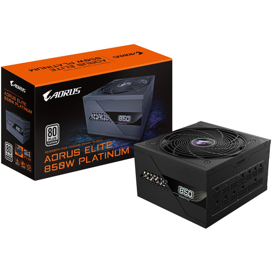 GIGABYTE AORUS ELITE P850W napajanje - PCIe 5.0. 80 PLUS Platinum. Potpuno modularni dizajn. 120 mm ventilator. ATX 3.0 kompatibilno. EU utikač. 850W. 100-240V. 50/60Hz. 12A. Aktivno. 125W