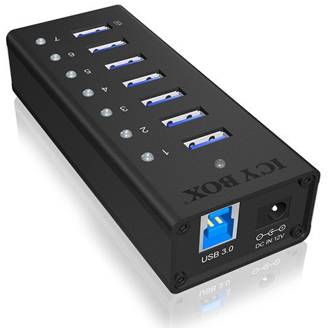 ICY BOX IB-AC618. 7-portni USB 3.2 Gen 1 hub sa 1 portom za punjenje tableta. Potpuno metalna konstrukcija. Uključuje 12V 3A napajanje. Crna boja. USB 3.2 Gen 1 (3.1 Gen 1) Tip-B. USB 3.2 Gen 1 (3.1 Gen 1) Tip-A. 5000 Mbit/s. Crna boja. Aluminijum. HDD. Performanse.