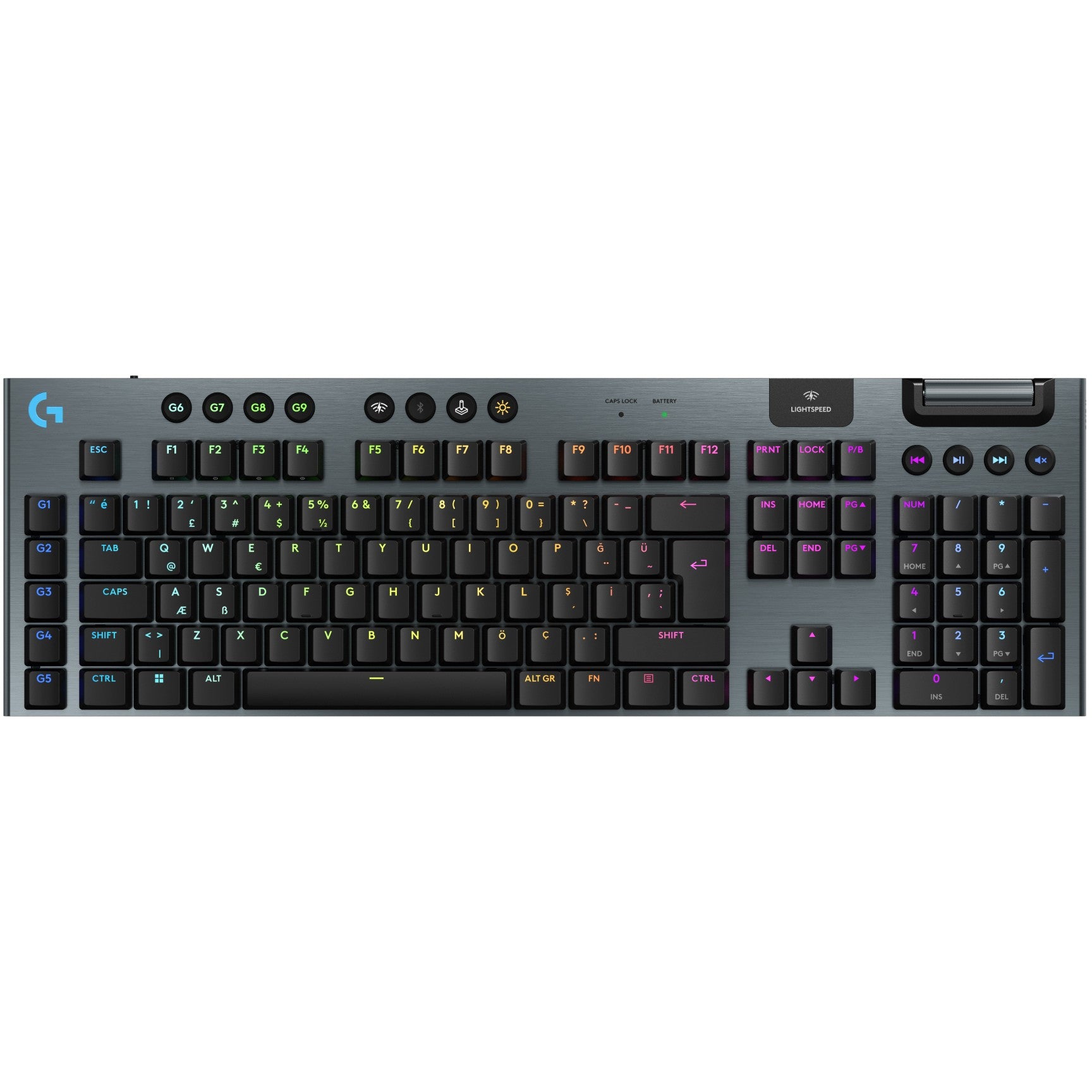 Logitech G G915 X Lightspeed. Žični i bežični. USB + RF bežični + Bluetooth. Mehanička tastatura. QWERTY. LED. Crna.