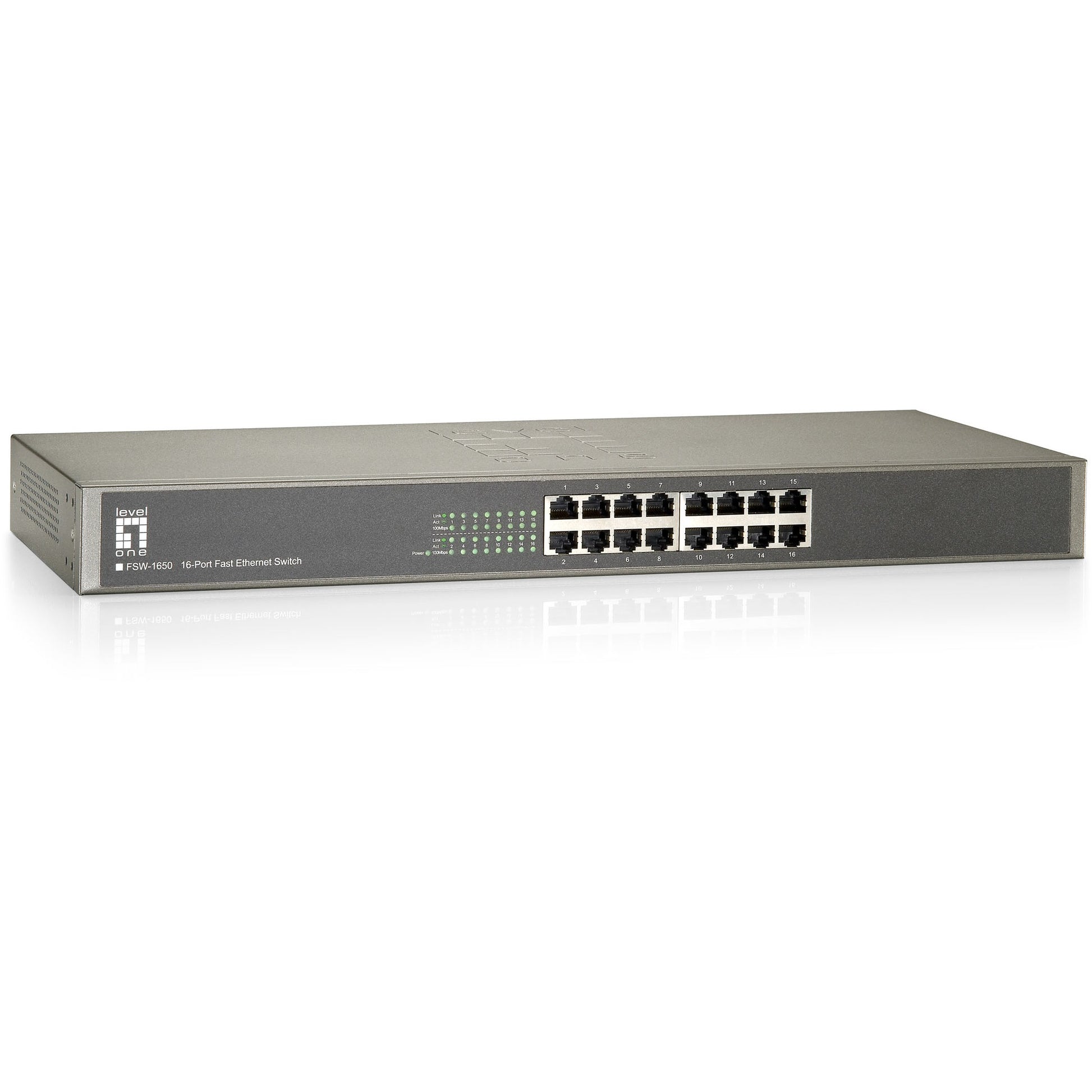 LevelOne 16-portni brzi Ethernet prekidač. Neupravljan. Brzi Ethernet (10/100). Puni dupleks. Montaža u rack.