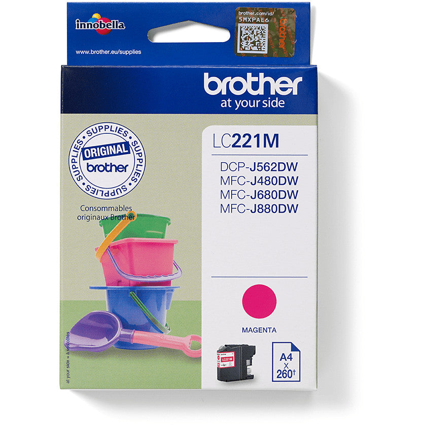 Brother LC221M. Magenta. Tinta na bazi pigmenta. 1 komad. 260 stranica. Pojedinačno pakovanje.