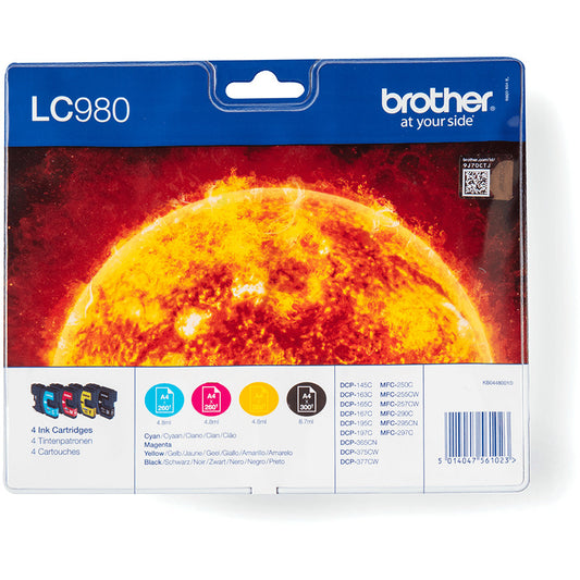 Brother LC980VALBP. Crna. Cijan. Magenta. Žuta. 4 komada. 300 stranica. 260 stranica. Višestruko pakovanje