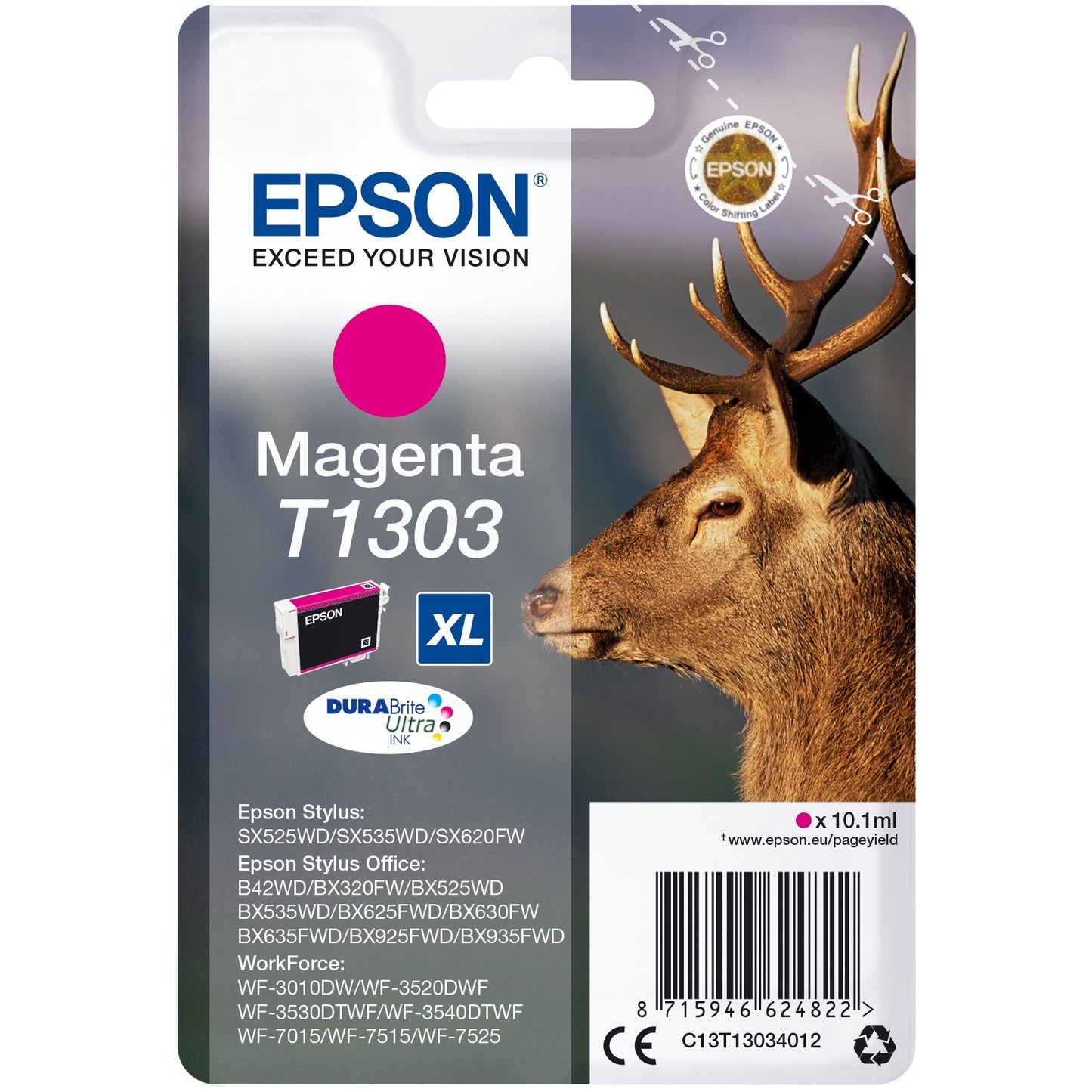 Epson Stag Singlepack Magenta T1303 DURABrite Ultra tinta. Visoki (XL) prinos. Magenta. Tinta na bazi pigmenta. 10,1 ml. 1 jedinica. 600 stranica.