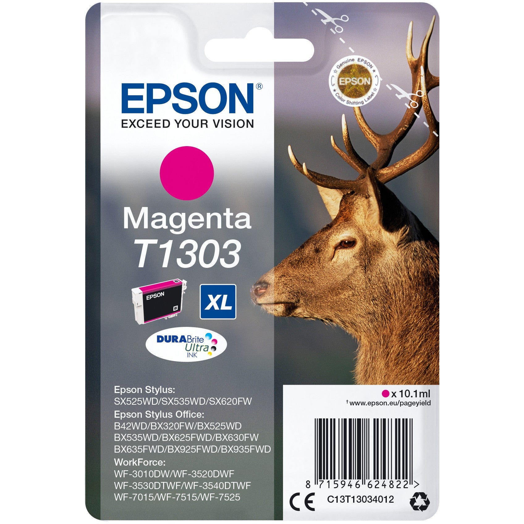 Epson Stag Singlepack Magenta T1303 DURABrite Ultra tinta. Visoki (XL) prinos. Magenta. Tinta na bazi pigmenta. 10,1 ml. 1 jedinica. 600 stranica.