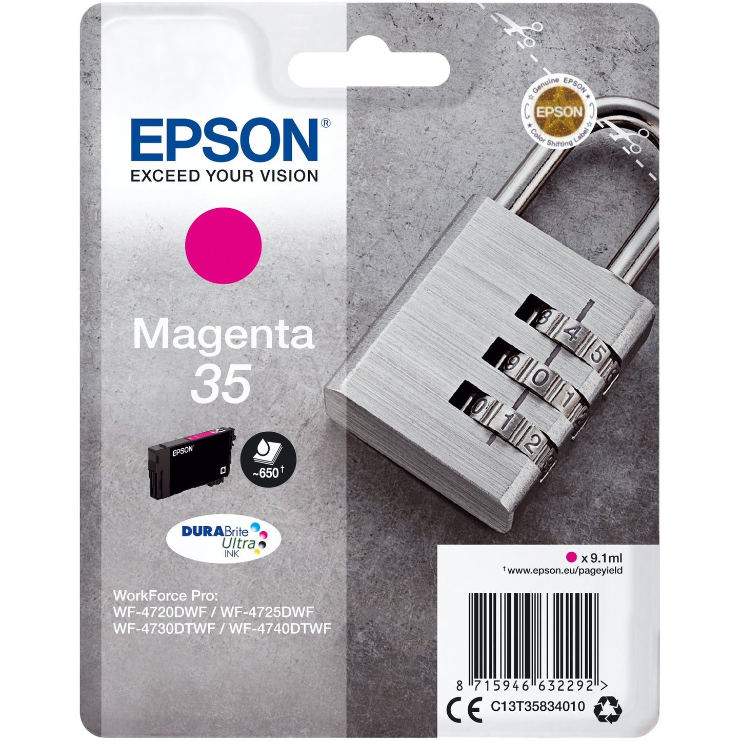 Epson Padlock Singlepack Magenta 35 DURABrite Ultra tinta. Standardni prinos. Magenta. Tinta na bazi pigmenta. 9,1 ml. 1 jedinica. 650 stranica.