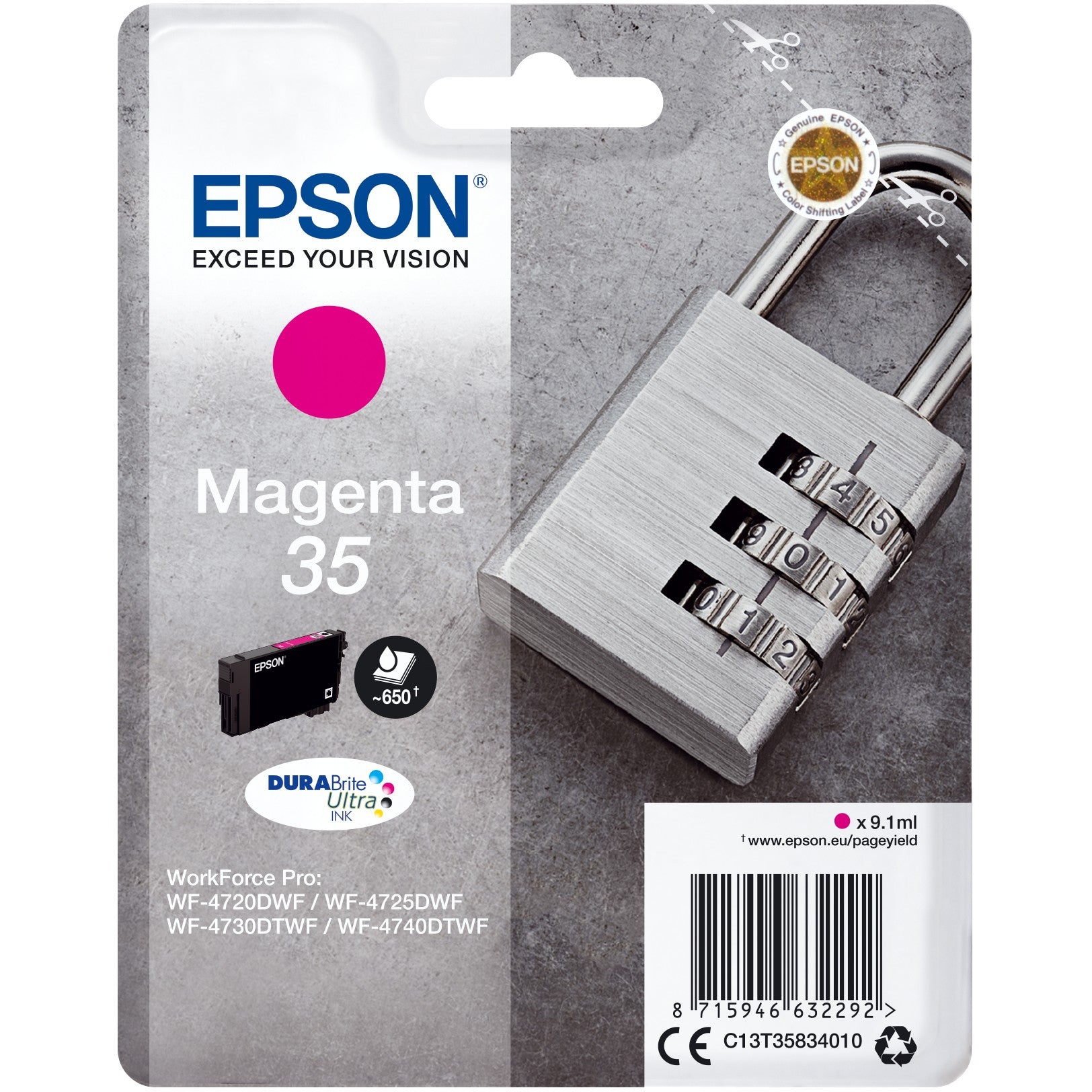 Epson Padlock Singlepack Magenta 35 DURABrite Ultra tinta. Standardni prinos. Magenta. Tinta na bazi pigmenta. 9,1 ml. 1 jedinica. 650 stranica.