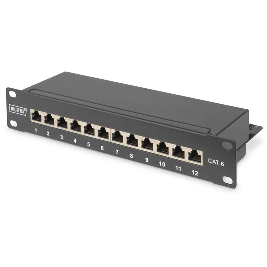 Digitus CAT 6 klasa E patch panel. Oklopljen. Crna. RJ-45. Crna. Pocinčani čelik. SECC. Montaža u rack. 1U. 280 mm